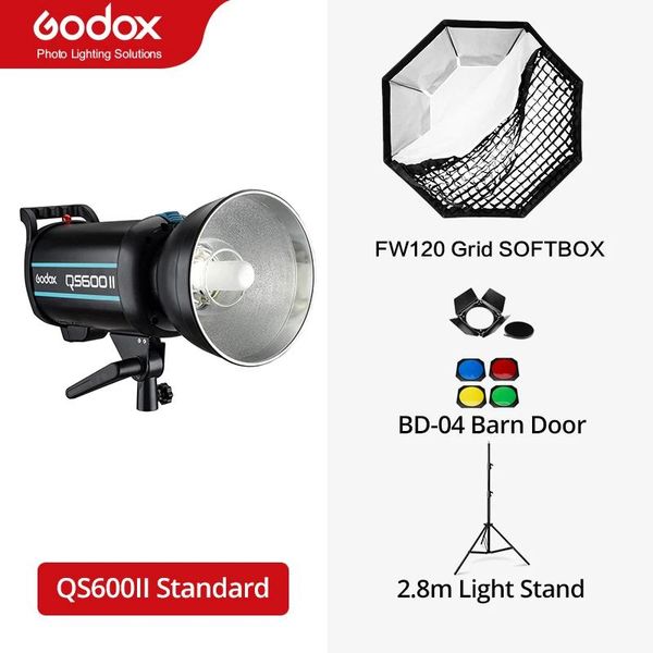 Matériel Godox Qs600ii 600ws Gn65 Flash de studio professionnel stroboscopique + support de lumière de 2,8 m + boîte à lumière à grille de 70 x 100 cm + déclencheur + kit de porte de grange