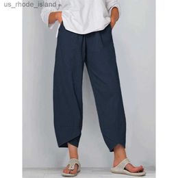 Kraamjes bodems 2024 zomer katoenen linnen dames broek elastische taille onregelmatige zoom broek dames losse casual negenpunts broek met zakkenl2404