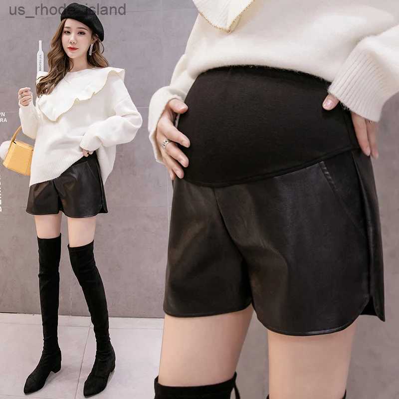 Maternity Bottoms Cottons Belly Patchwork PU Leather Shorts For Pregnant Women Fashionable Wide-legged Short Pants Maternity Side Split TrousersL2404