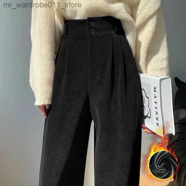 Pantalones de maternidad Moda coreana Pantalones de mujer Otoño Invierno Pantalones de pierna ancha Ropa Mujeres Streetwear Casual Cintura alta Pana Pantalón plisado Q231207