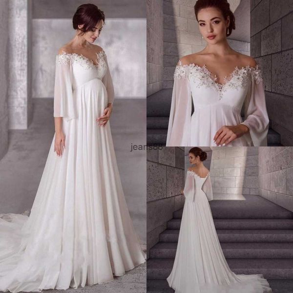 Vestido de novia de gasa de maternidad 2023 Mangas largas Bohemia Embarazada novia vestidos elegantes túnicas simples de marrón