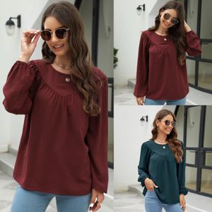 Moederschap Kleding Geplooide Lange Mouw Blouse Shirt Tees Lente Herfst Casual Vrouwen Chiffon Oneck T-shirt Trui Top 240111