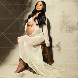 Robe de robe de maternité pour PO Shoot Sexy Transparent Ruffle Femme enceinte Femme Vellement creuse Baby Shower à manches longues 240522