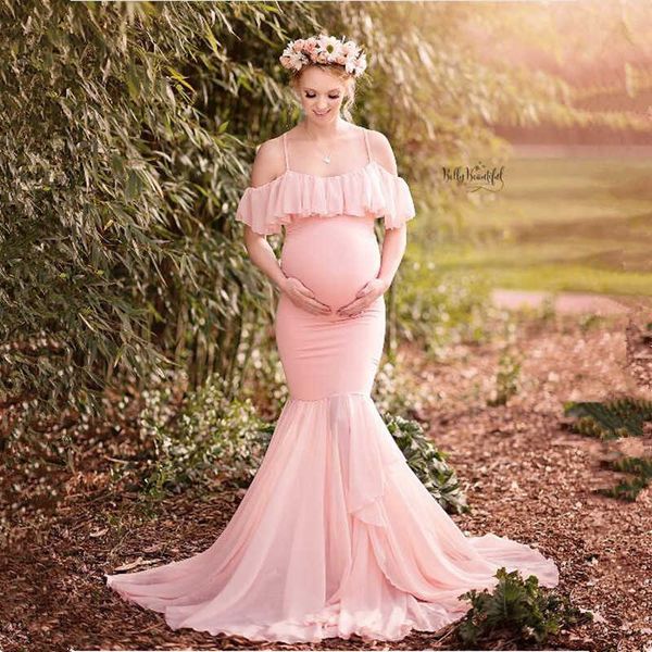 Fotografía de Vestido premamá, vestido largo de algodón de gasa con hombros descubiertos, vestido de cola de pez para embarazo, vestido para Baby Shower para sesión de fotos