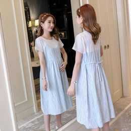 Maternity Dress Summer Short -Aughved Midlength False Twopiece Versión coreana de la falda de camiseta femenina 240517
