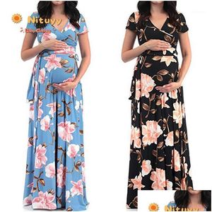 Zwangerschapsjurken 2020 Zomer nieuwe plus -size kleding voor zwangere vrouwen korte mouw v nek zwangerschap bloemenprint1 drop levering Bab dhoap