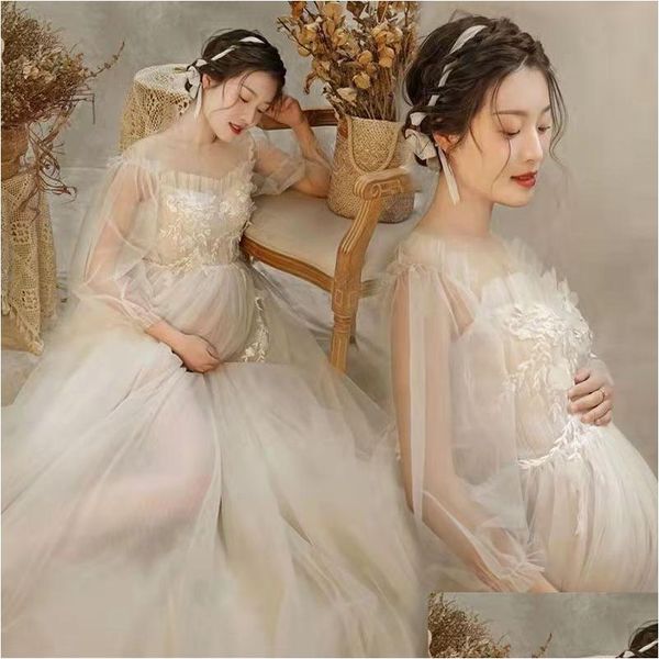 Robes de maternité 2021 Nouvelle robe en maille de dentelle Po Shoot Fairy White Broderie Fleur Boho Longue Robe Femme Pographie Costume Baby Shower Dr Dhmd7