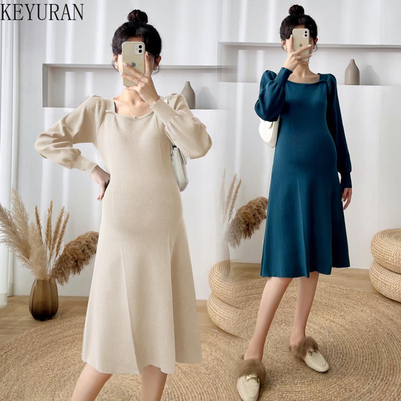 Mutterschaft Kleider 2023 Herbst Winter Gestrickte Kleid Schwangere Elegante Langarm Square Neck Grundlegende Pullover Pragnancy Vestidos