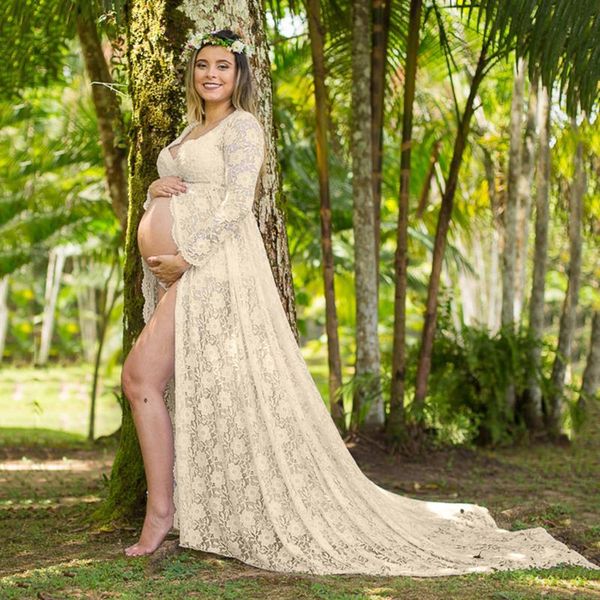 Vestidos de maternidad 2023 vestido de maternidad Po Shoot Pography Props encaje hasta el suelo Maxi vestido transparente