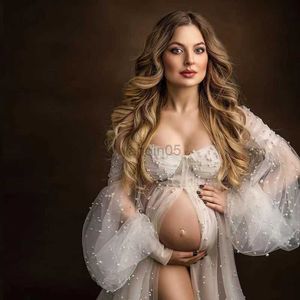 Elegant Pearl White Maternity Dress for Pregnancy Photography, Soft Mesh Beaded Long Sleeve Off Shoulder Sexy Dress