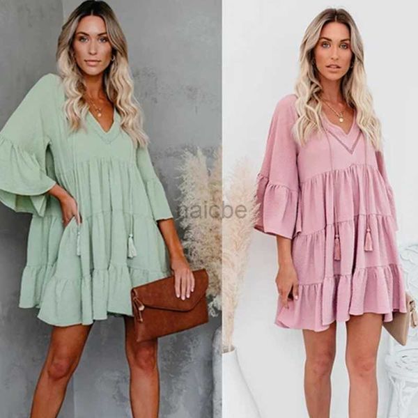 Robes de maternité 2023 Femme enceinte Vêtements d'été Sweet Short Flare Sleeve V-Col à collier haute maternité Robe en mousseline de soie coréen A-Line 240412