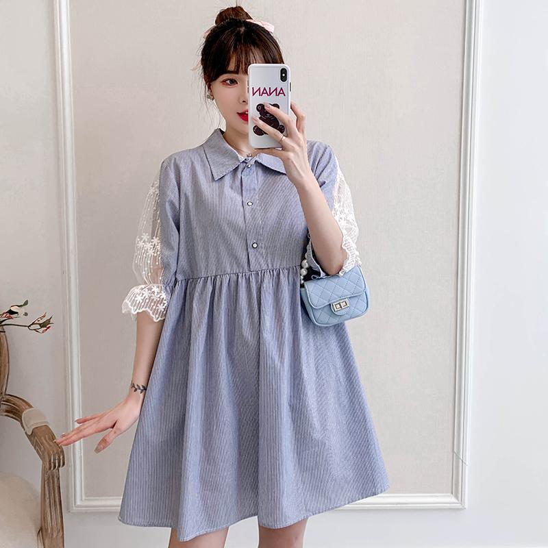 Maternity Dresses 2023 Summer Loose Pregnant Woman Dress Nursing Cotton Shirts Lace Sleeve Patchwork Turn-down Collar Pregnancy Clothes