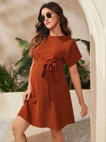 Vestidos de maternidad 2023 Mujeres embarazadas de verano O Cuello Vestido parcheado de manga corta para ropa premama Maternidad Vestidos de vendaje de color sólido Nuevo 24412