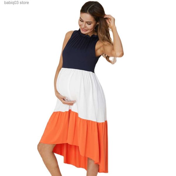 Robes de maternité 2023 Summer Premama Color Block Loose Dress Mode Maternité Sans Manches Robes Surdimensionnées Femmes Enceintes Patchwork Vêtements Nouveau T230523