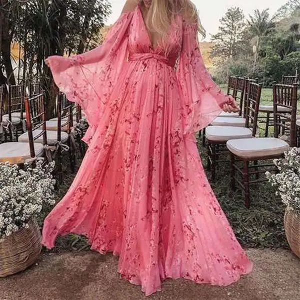 Vestidos de maternidad 2023, vestido Floral con tirantes, escote en V profundo, manga de murciélago, estampado de flores rosa sexy, vestidos largos holgados plisados 230425