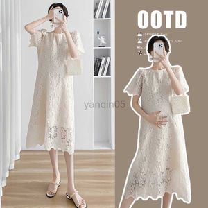 Robes de maternité 614 # évider dentelle maternité longue robe élégante lâche droite vêtements pour femmes enceintes douce grossesse vêtements HKD230808