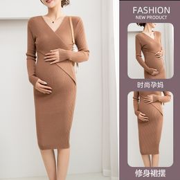 Robes de maternité 624 # automne et hiver mode coréenne tricoté robe pour femmes enceintes portant des vêtements de soins de maternité à col en v 230404