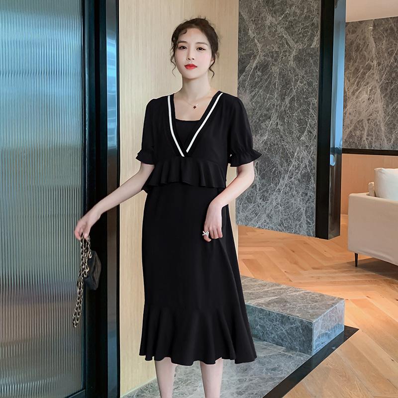 Moderskapsklänningar 7033# Summer Chiffon Long Party Dress Elegant A Line Slim Loose Clothes For Pregnant Women Chic Ins Pregnancy