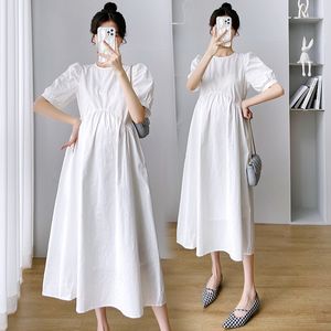 Kraamjurken 817# zomer dunne Koreaanse mode wit katoen zwangere dames lange jurk elegante a-line los zwangere dames zwangerschapskleding 230404