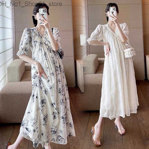 Robes de maternité 8251 # été mode coréenne maternité longue robe Maxi mode col en V vêtements droits lâches pour les femmes enceintes grossesse élégante Q231102