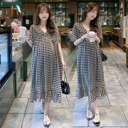 Vestidos de maternidad 8810 # Verano Moda coreana A cuadros Vestido largo para mujeres embarazadas Dulce y elegante A-line Loose Maternal Wear 230404