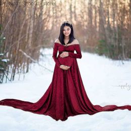 Umstandskleider Herbst Winter Schwangerschaft Frauen Samtkleid Mode Lässig V-Ausschnitt Langarm Tailing Maxikleid Fotoshooting Prop Vestidos Q231102