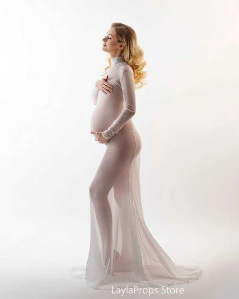 Robes de maternité Bodys en tulle noir robe de grossesse Tissu de maternité en maille à manches longues Mesh Turtleneck pour la séance de studio Photoshoot H240518