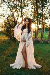 Zwangerschapsjurken Boho Lace Maternity Photography Props jurken gratis maat verstelbare zwangerschap fotoshoot Boemische lange jurken zijkanten Slit T230523