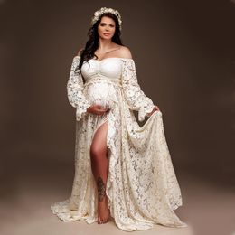Zwangerschapsjurken Boho Lace Po Shoot Long Dress Pogreapy Outfit Sets 2 in 1 zwangerschap voor pografie 230519