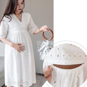 Kraamjurken Delicate Hollow Out White Breast Feeding Jurk kleding Zwangere vrouwen losse zwangerschapskleding 230424