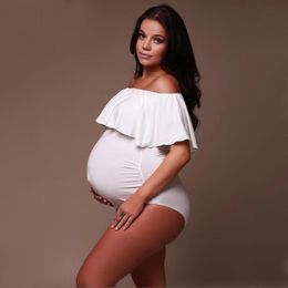 Moederschap jurken jurk stretchy jersey ruches pografie bodysuit zwangerschap vrouw witte schattige baby shower jumpsuit
