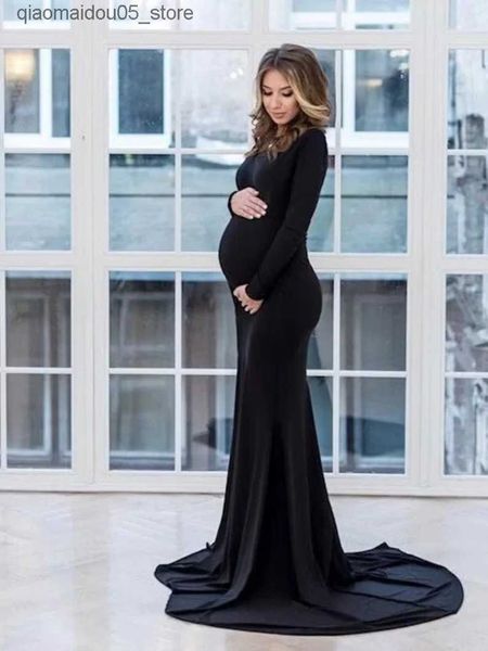 Vestidos de maternidad elástica y sexy negra, mujer embarazada, señiva de fotos, vestido de baby shower de manga larga, mujer embarazada, foto de apoyo Q240413