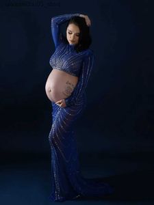 Robes de maternité Crystal Crystal enceinte Femmes Photographie Robe Robe Rhinestone Sexy Navy Bleu exposé Grossesse Taphed Q240413