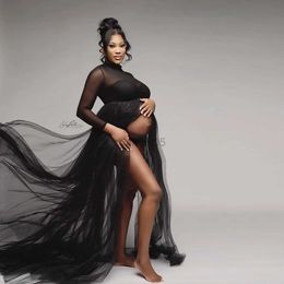 Robes de maternité Robes de maternité noires élégantes Accessoires de photographie de grossesse Robe Sexy Transparent Stretch Mesh Top Femmes Photo Shoot Robe Jupe HKD230808