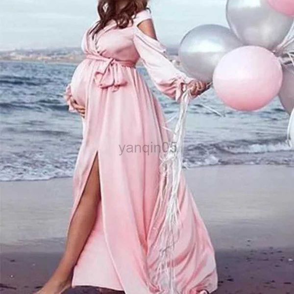 Robes de maternité Élégante Maternité Soirée Robe De Soirée À Manches Longues Col En V Mince Maxi Robe Enceinte pour Photoshoot Baby Shower Photo Props Robe HKD230808