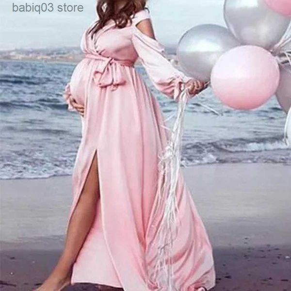 Robes de maternité élégante robe de soirée de maternité à manches longues col en V Slim Maxi robe enceinte pour Photoshoot bébé douche Photo Props robe T230523