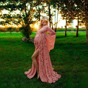 Zwangerschapsjurken Fashion Pink Red Dress voor PO Shoot Maxi Long Sleeve Lace Fancy Sexy Women Pography Dress 230425