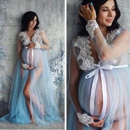 Robes de maternité pour Po Shoot Onepiece dentelle grossesse pographie vêtements robe de nettoyage enceinte avant fendu Net fil 240309
