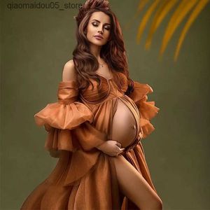 Robes de maternité Robe de maternité dorée Photo de séance de fille à manches longues Photo robe de baby shower robe de salle de bain Q240413