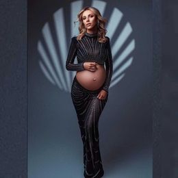 Zwangerschapsjurken Hot Fix Crystal Zwangerschapsfotoshoot Jurken Set Rhinestone rekbare zwangerschapsfotografie Outfit Cut Women Jown T240509