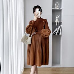 Maternity Dresses Korean version of standing collar elegant maternity dress with solid loose knit shoulders for pregnant women's fashion autumn set 230404
