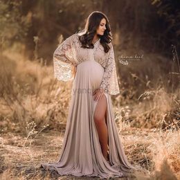 Zwangerschapsjurken Lace Boho Zwangerschapsfotografie Lange jurk Babyshower Lange jurk Bohemian Zwangerschapsfotoshootjurk Zijsplitten HKD230808