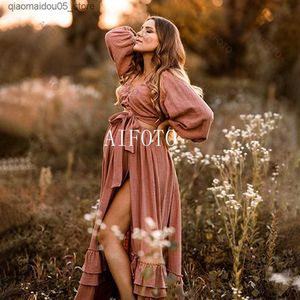 Robes de maternité en lin Coton Femmes enceintes Bohemian Bohemian en deux pièces photo accessoires pour femmes Robe rétro et baby shower serré Q240413