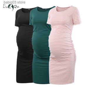 Maternity Dresses Liu Qu Maternity Dresses Women Side Ruched Pregnany Dress Bodycon Pregnant Clothes Casual Mama Short Sleeve Wrap Baby Showers T230523