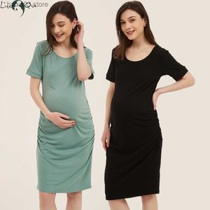 Robes de maternité Liu Qu Robes de maternité Robe de grossesse froncée sur le côté Moulante Les femmes enceintes s'habillent à manches courtes Wrap Baby Showers Porter tous les jours T230523