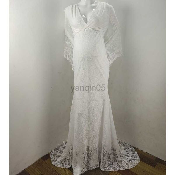 Robes de maternité Robe de maternité à manches longues Robe longue en dentelle blanche pour séance photo Sexy Col en V Manches bouffantes Femmes enceintes Robes Grossesse HKD230808