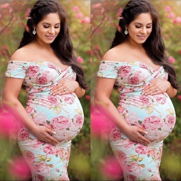 Vestidos de maternidad Vestidos de maternidad Vestido largo de playa con estampado floral Vestido de embarazada para mujeres fuera del hombro Ropa sexy sin espalda