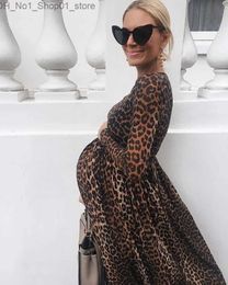 Zwangerschapsjurken Zwangerschapsjurken Lange mouwen Hoge hals Luipaardprint Ruches 2022 Lente Zwangere jurk Elegant samen Zwangerschapskleding Q231102