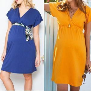 Robes de maternité Mini robe pour femmes enceintes, manches courtes, couleur unie, col en v, vêtements de grossesse, 2022 #