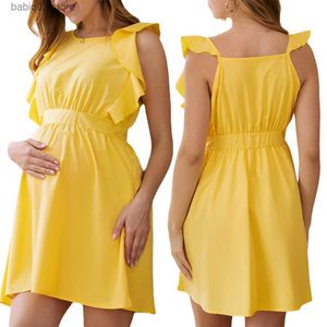 Zwangerschapsjurken Nieuwe gele dreess voor zwangere dames Ruches Mouw Solid Baby Shower Midi Dress Maternity Premama kleding voor zwangere vrouwen T230523